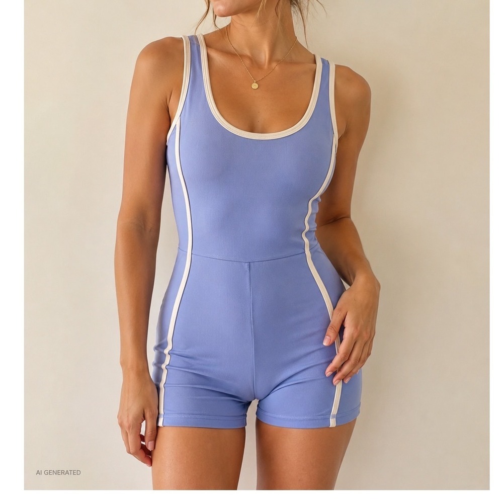 WILO THE LABEL Designer Pastel Pale Blue Sporty Athleisure Ribbed Romper MEDIUM